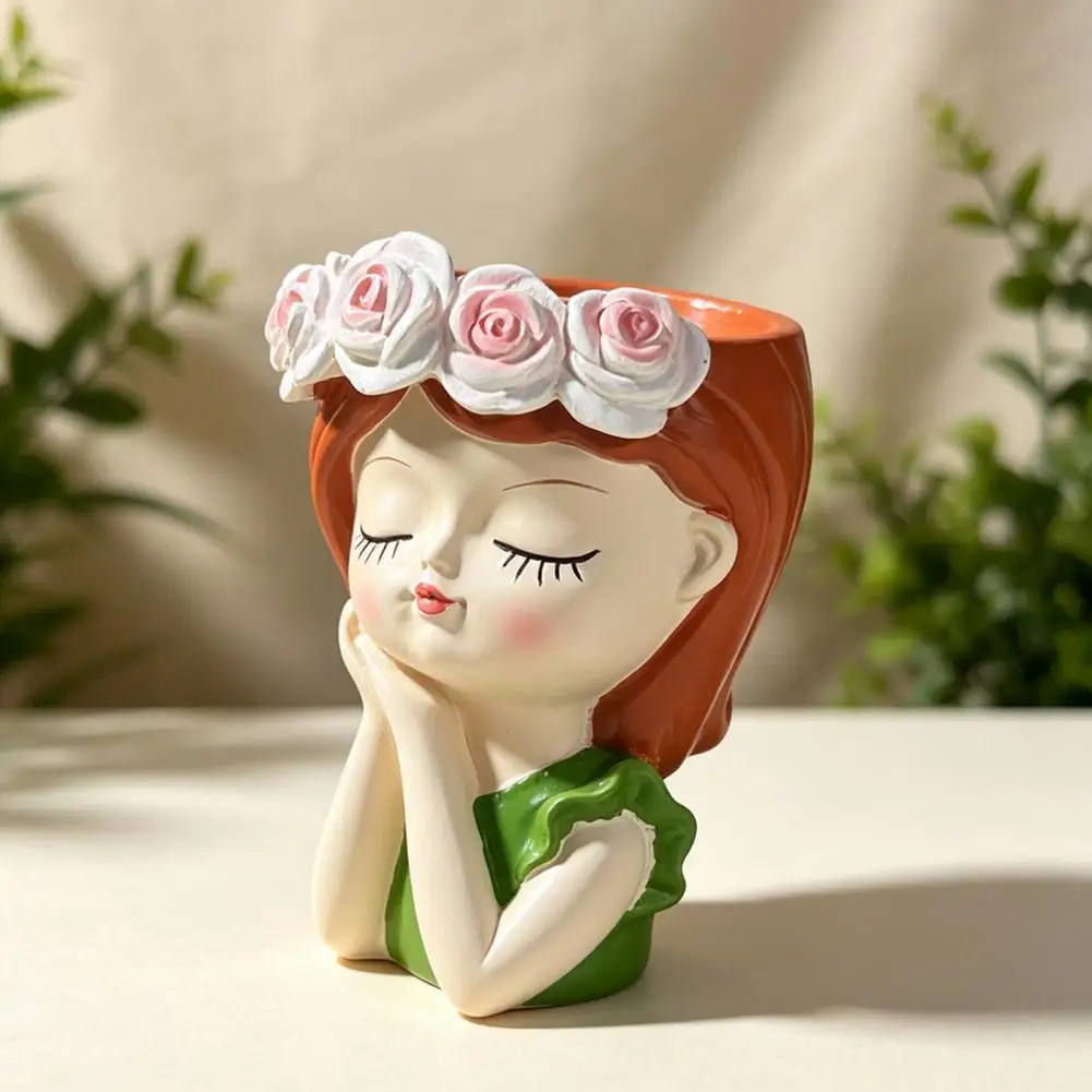 Cute Girl Resin Planter, Girl Head Planter with Rose Garland, Decorative Plant Container for Succulents Cactus Indoor Desk Decor