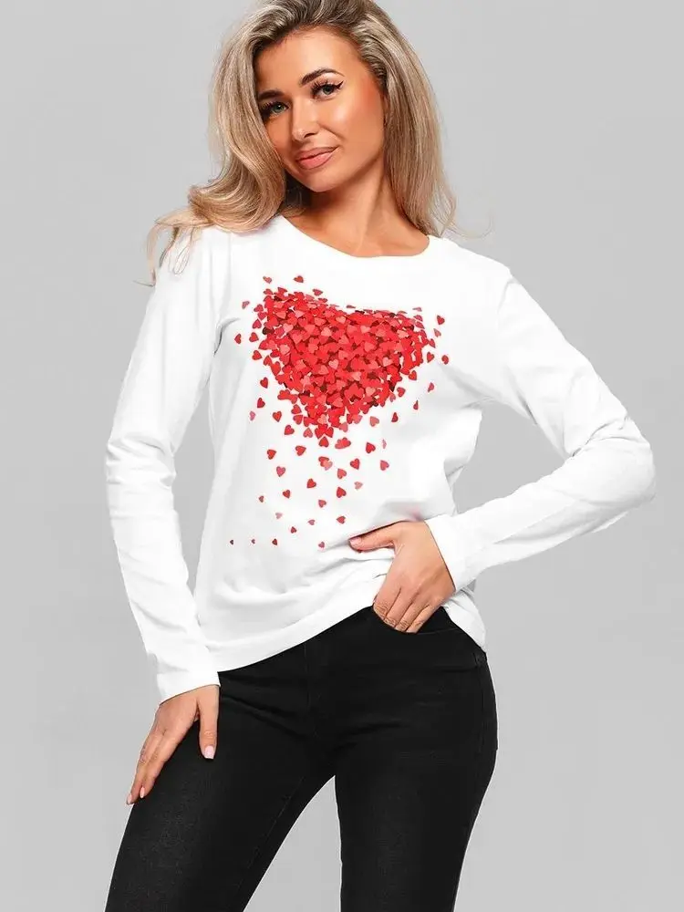 Cienka bluza damska z długim rękawem, 100% bawełna, słodka, estetyczna, czerwona, urocza, z nadrukiem serca, top Y2K, duży rozmiar.