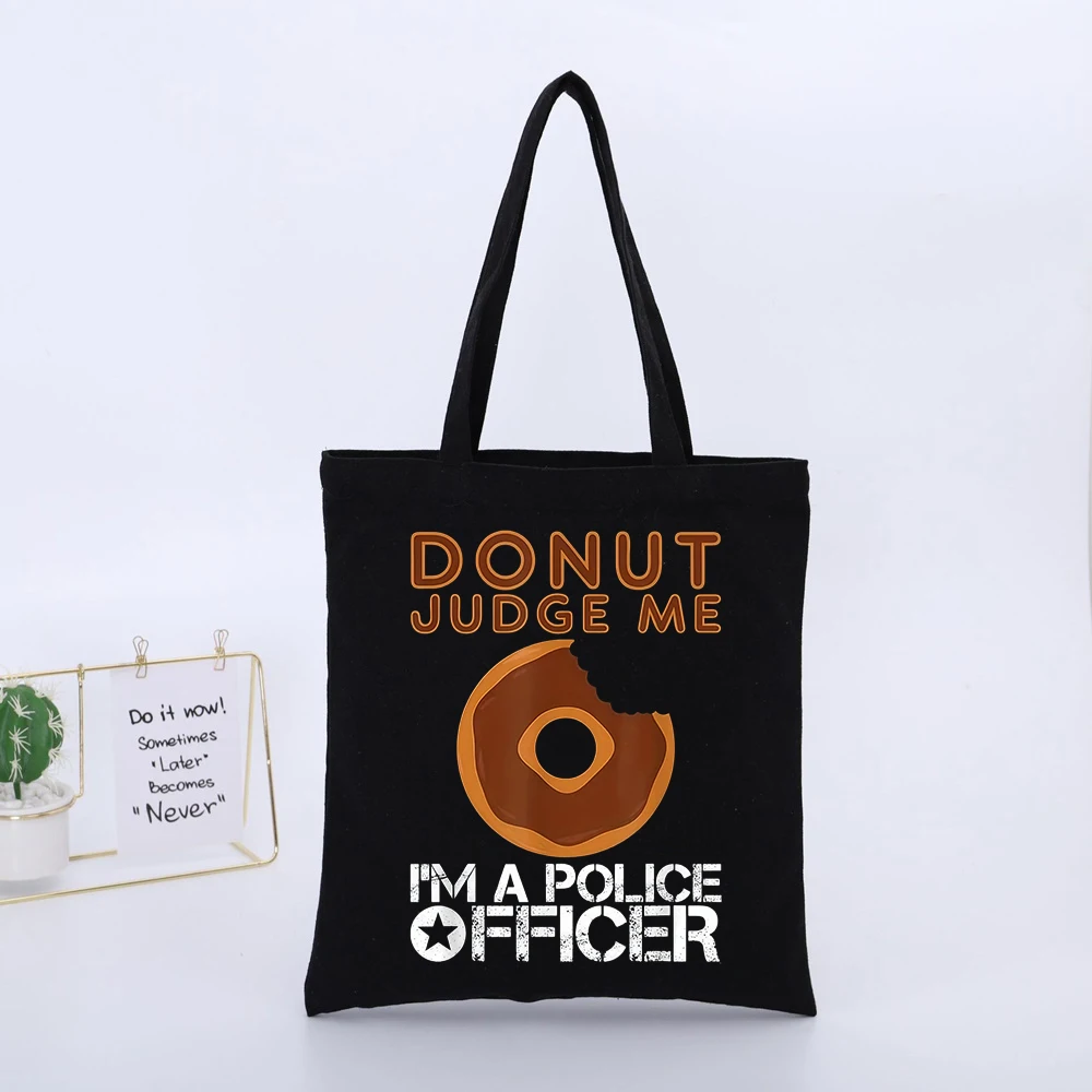Donut and Typography Print Canvas Tote Bag, Casual Style for Daily Shopping