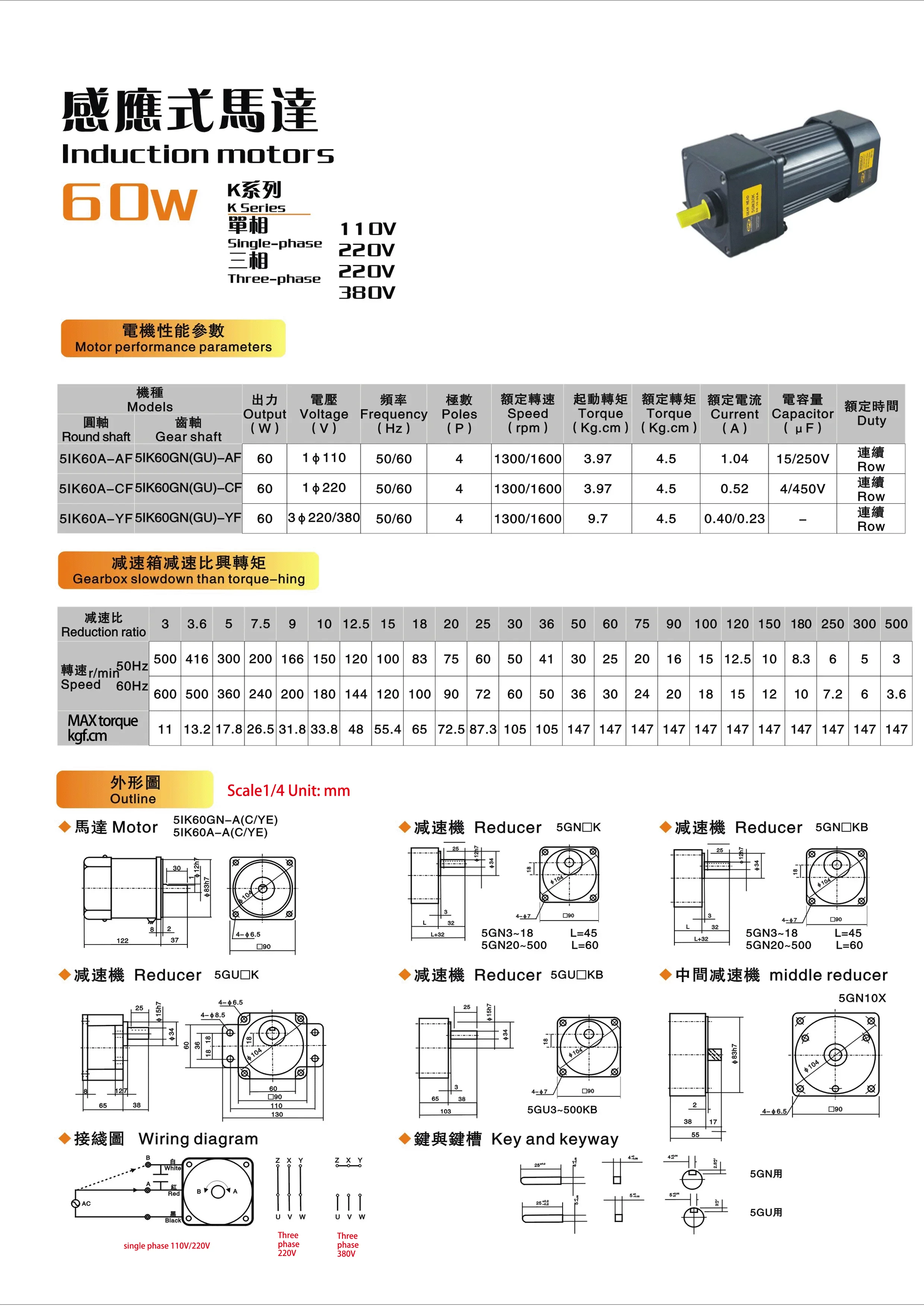 속도 조절기가있는 60W 110V AC 기어 모터 5IK60RGN-AF 고 토크 가변 속도 비동기 모터 샤프트 직경 15mm
