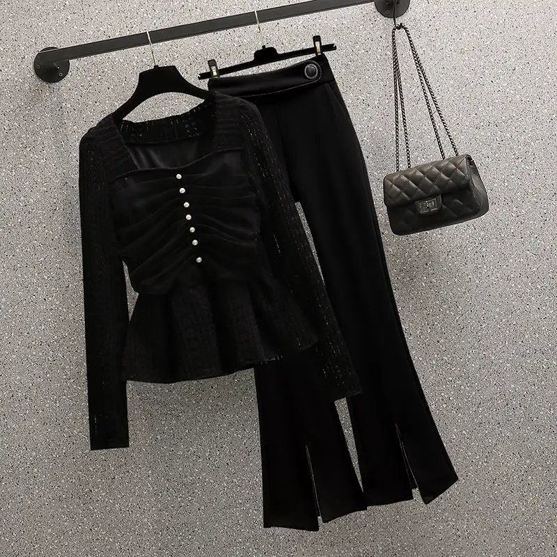 2022 frühjahr Neue Elegante frauen Hosen Set Sexy Spitze Chiffon-Top Schwarze Hose Zwei-stück Set Weibliche Bluse trainingsanzug