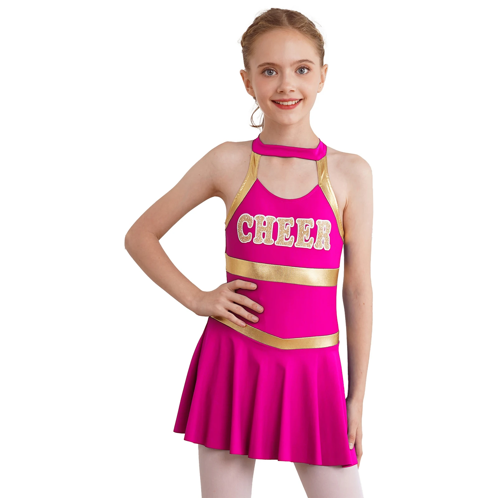 Kids Girls Cheerleading Uniform Dress Sleeveless Letter Printed Cheerleader Costume Stage Performance Group Dancewear Teamwear