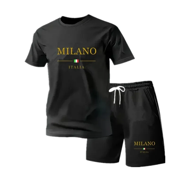 

Men's Summer Fitness Sportswear Short Sleeve T-shirt Shorts 2 Piece Set Breathable Quick Dry Casual Gym Tracksuit Athletic Wear