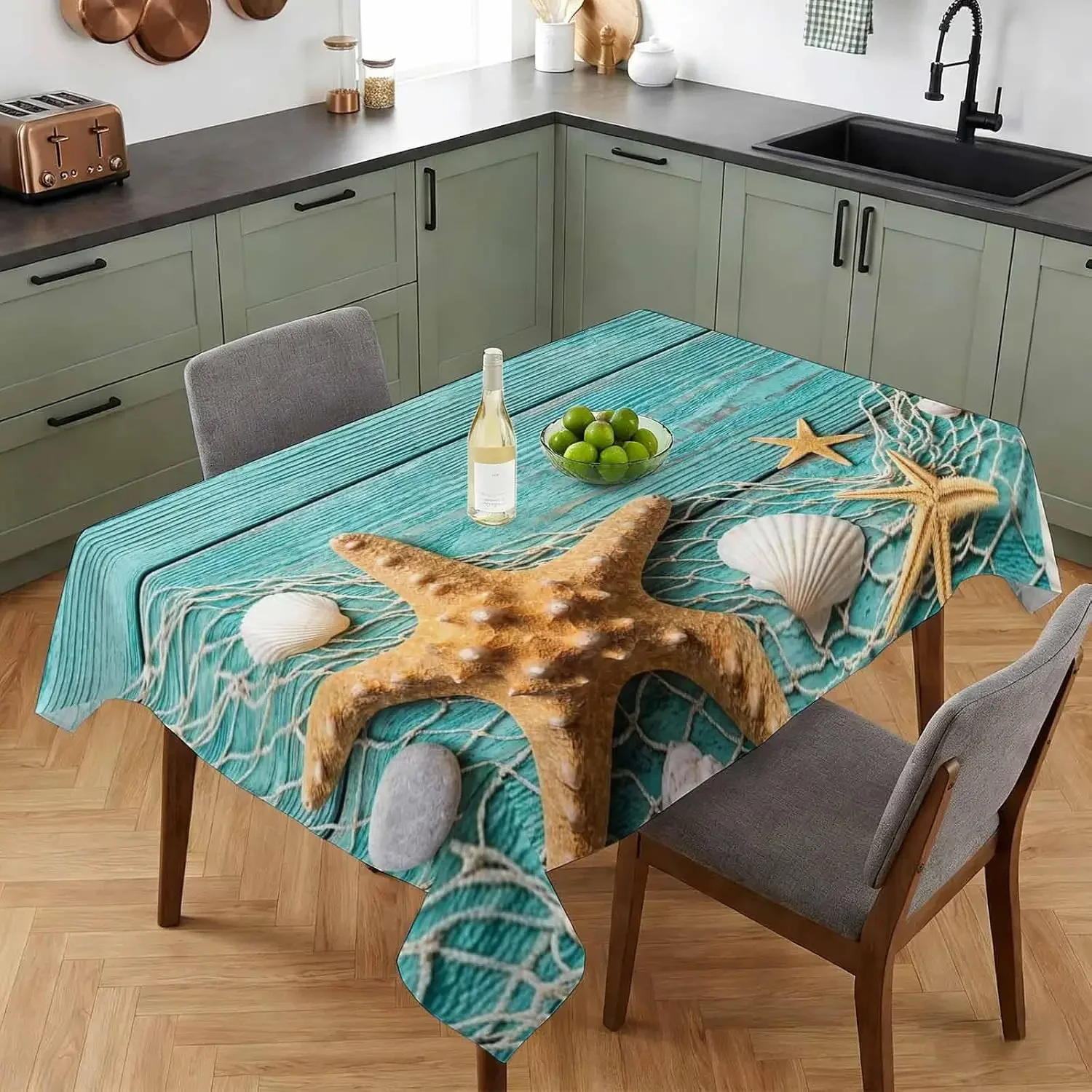 1Pc Marine Style Tablecloth Blue Starfish Shell Print Table Cover For Dining Kitchen Decor Dustproof Rectangular Cloth