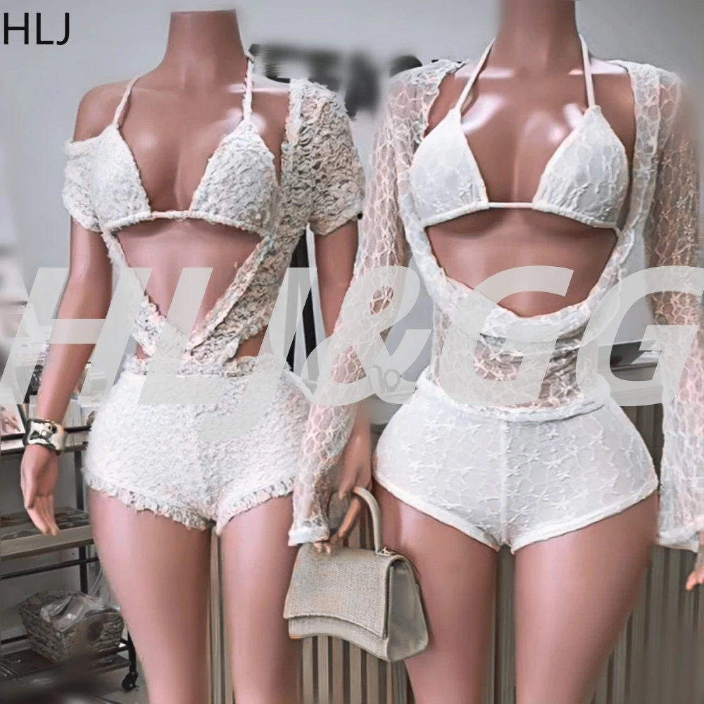 

HLJ Sexy Lace See Though Stretch Two Piece Sets Women Hollow Deep V Long Sleeve Crop Top+Shorts Outfits Fashion 2pcs Streetwear