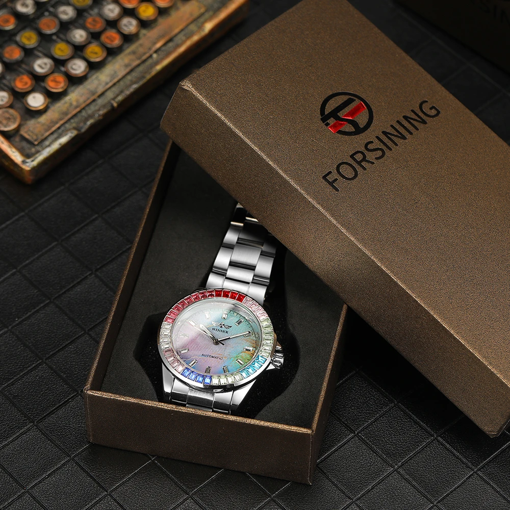Luxury Brands WINNER Colored Diamonds Man Watch Automatic Movement Mechanical Clock Stainless Steel Waterproof Replica Watches