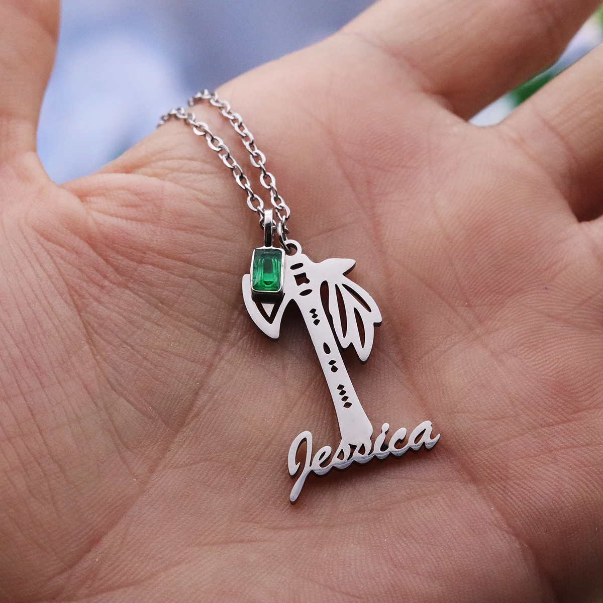 Chandler Custom Name Bohemian Statement Coconut Palm Tree Necklace For Women Stainless Steel Hawaii Jewelry