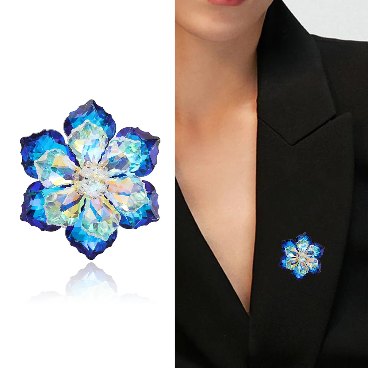 Spille con fiori in vetro brillante per donna, unisex, 8 colori, strass, fiori, accessori, regalo per spilla per amico di Capodanno