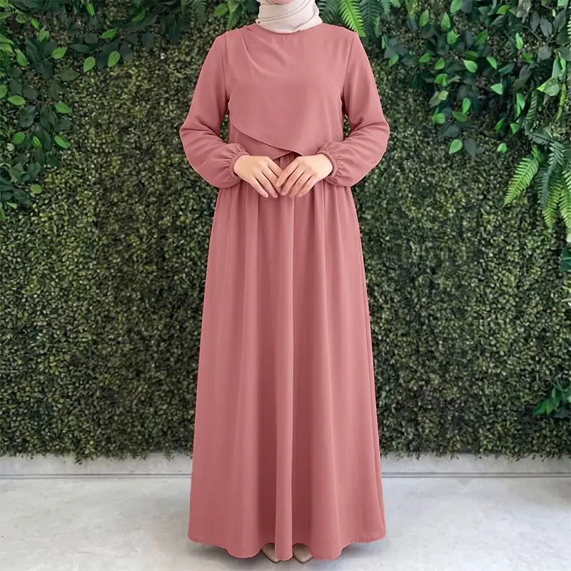 

Muslim Modest Layered Detailing Maxi Dress Women O-Neck Long Sleeve Solid Color Abaya Robes ZANZEA Islamic Hijabis Loose Kaftan
