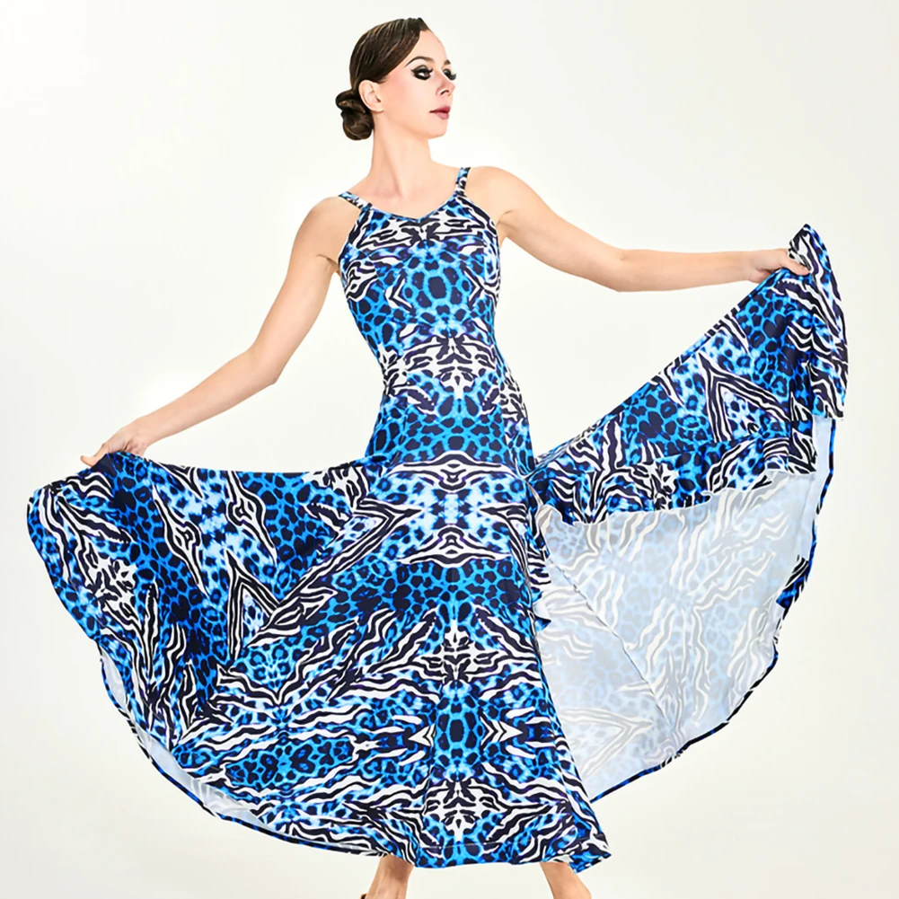 

Sling Ballroom dress Than Dance Dress Sexy Waltz Costume Leopard Blue Rose Red Sleeveless New Ballroom Dance Performance dress