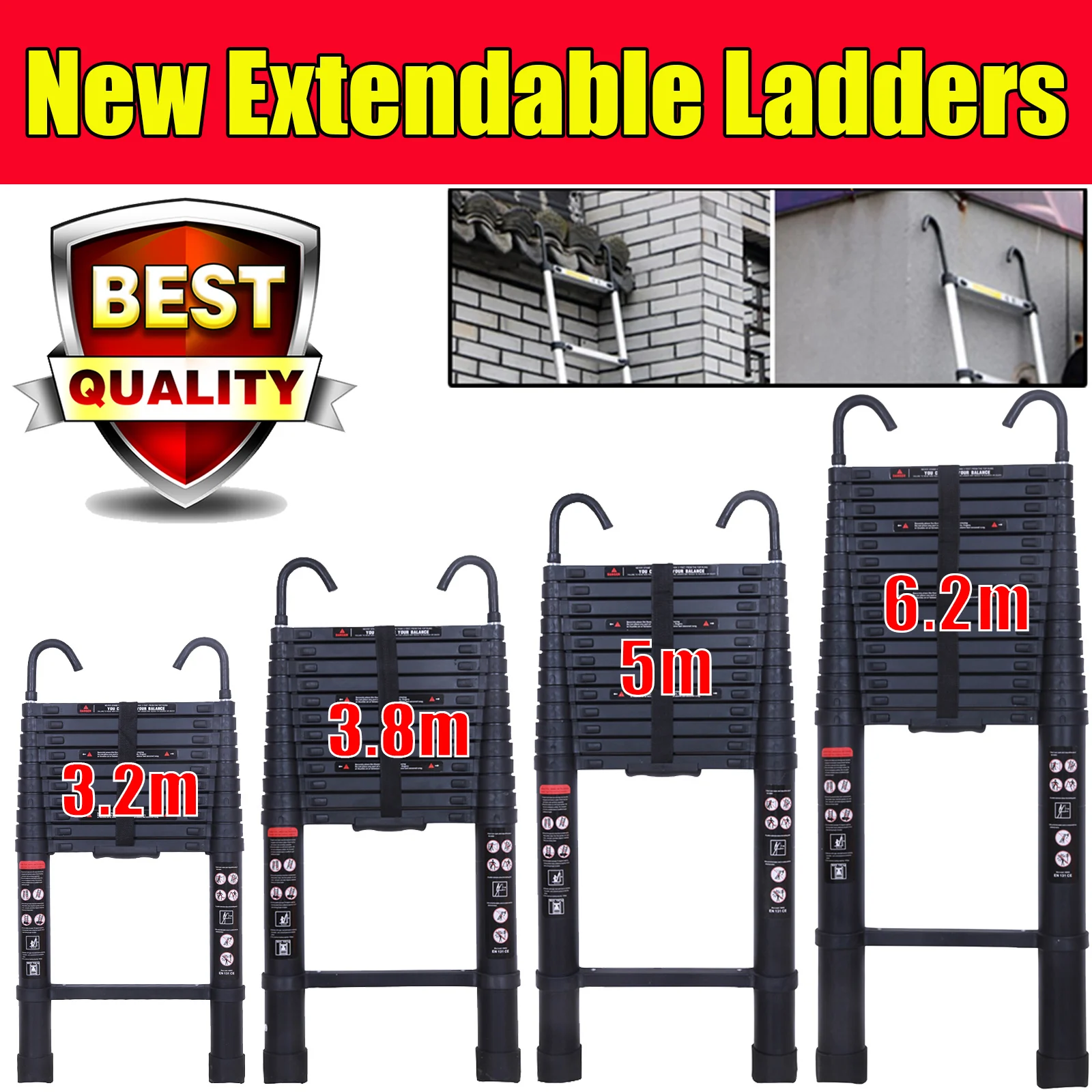 NEW! Stronger Black Telescopic Ladders 10.5FT-20.3FT Folding Aluminium with Detachable Hooks Extendable Steps Non-Slip Home Tool