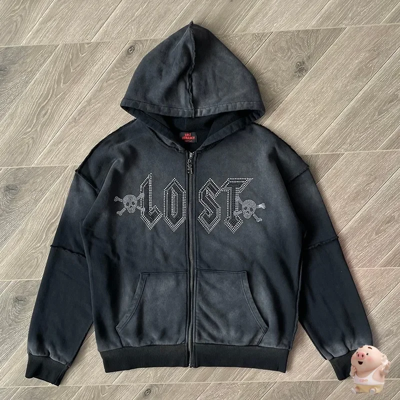 

New Fasion Hip Hop Lost intricacy Lavender Zip Up Patchwork Hoodie Men Women Diamond Inlaid Skull Logo Oversize Hooded