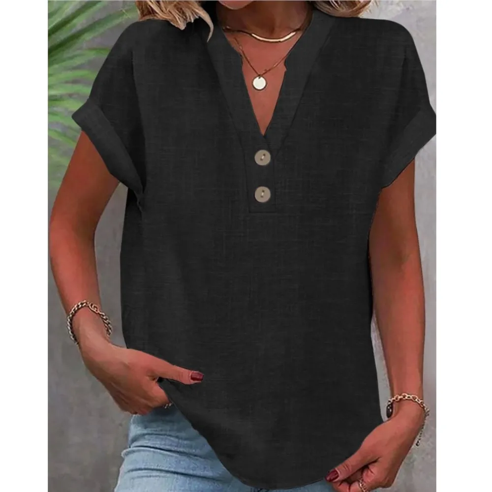 

Cotton Linen Short Sleeved Breathable Shirt Summer Solid Color Fashion Stand Up Collar Button Down Women's Casual Office Shirt