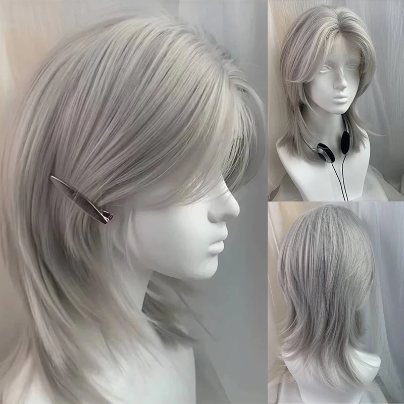 Lolita Synthetic Wig Forehead Lace Wolf Tail Short Curly Hair silver grey Layering Daily Fluffy Wig Full Head Unisex Daily Hallo image 2