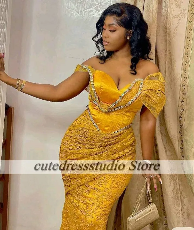 Formal Gold Evening Dresses For African Women Off The Shoulder Mermiad Wedding Party Gowns Aso Ebi Special Occasion Prom Dress