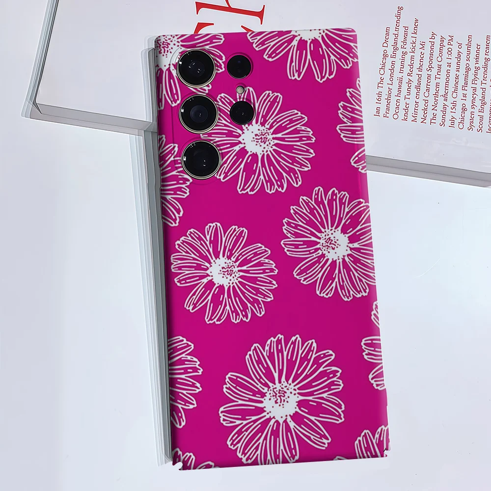 Hot Pink Line Daisy Phone Case for Samsung Galaxy S26 S25 S24 S23 Ultra Plus Luxury Double-layer anti-fall Back Cover
