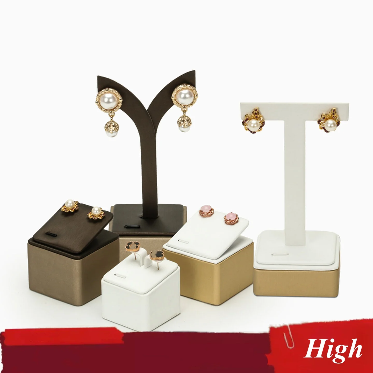 New Style Brushed Leather Jewelry Stand - Velvet Red Baking Paint Slant Display for Earrings (Coffee/Gold/White)