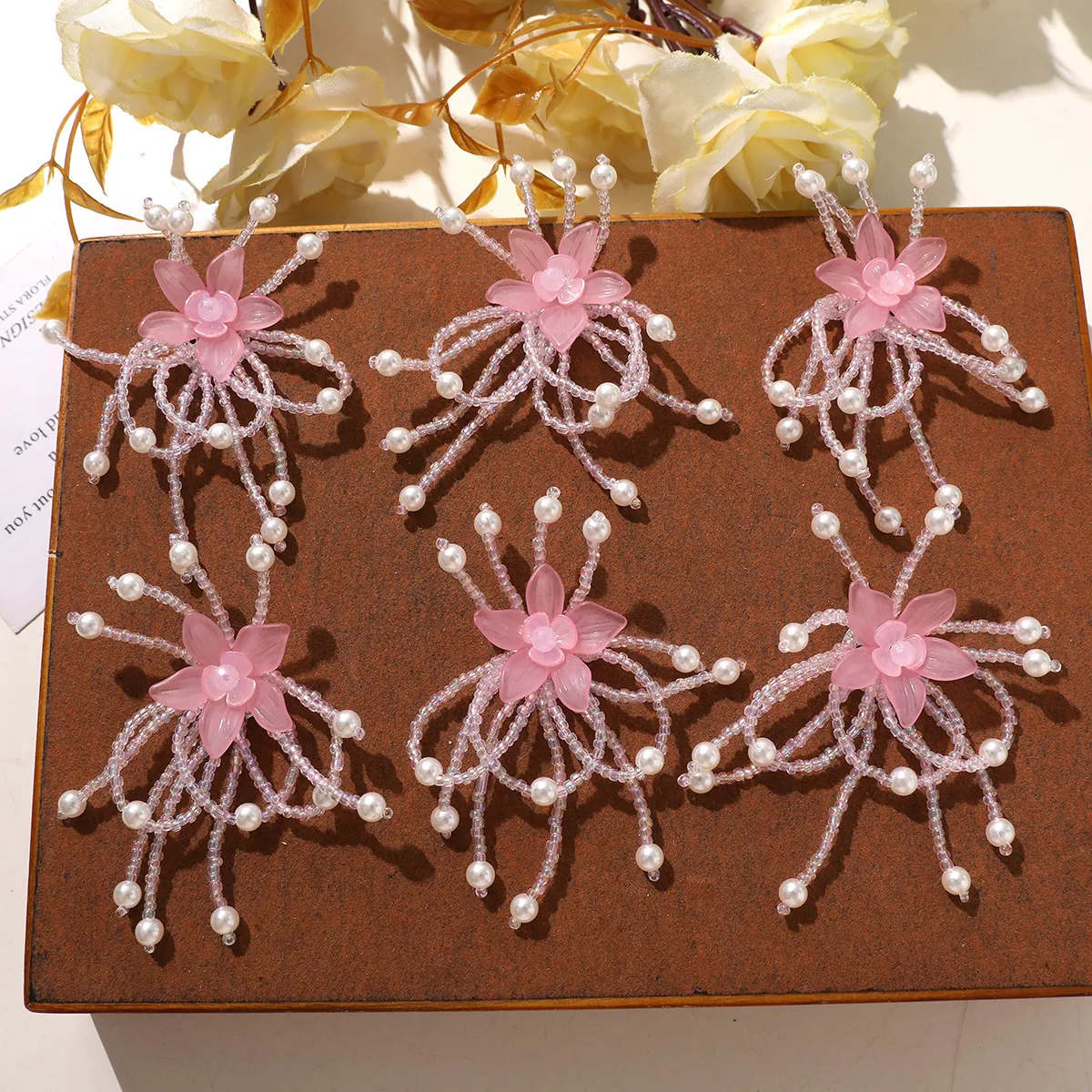 Shoe Charms 1 Piece Pink Tassel Pearl Peach Blossom Seed Bead Cluster Cute Handmade DIY Decor for Clear Crystal Clogs Korean