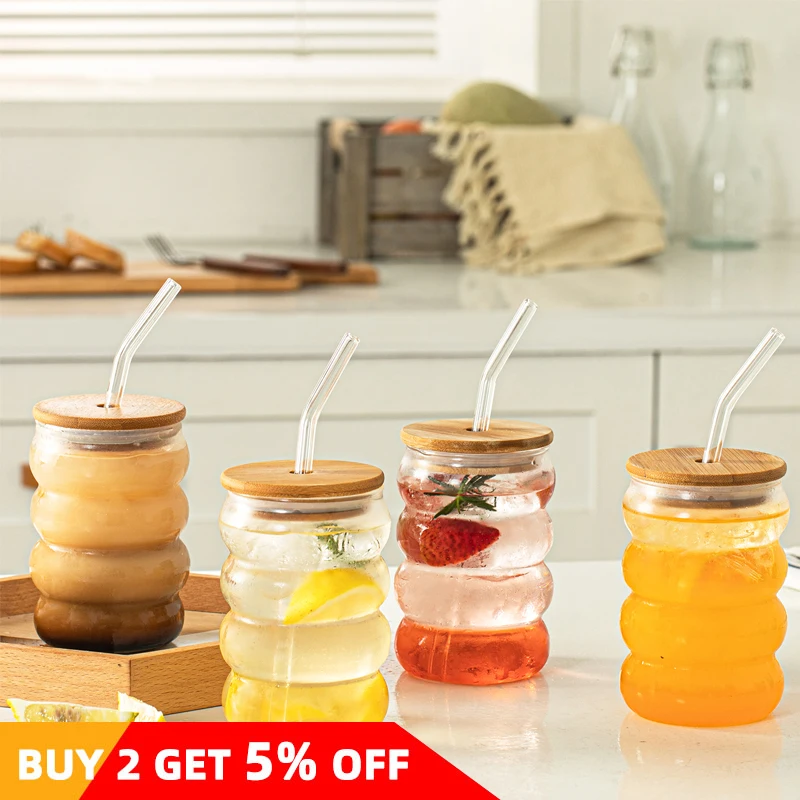 4PCS Creative Glass Cup with Lid Straw Heat-resistant Wave Cup Beer Juice Ice Coffee Cups Cocktail Fruit Bubble Glass Drinkware