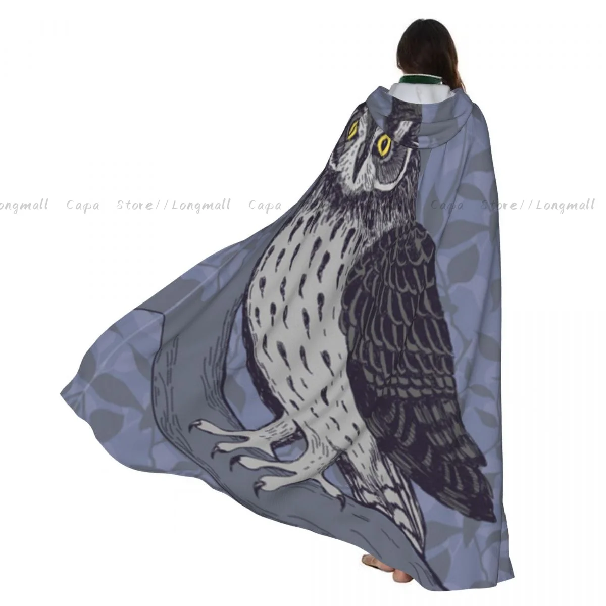 

Взрослый Хэллоуин ночь сова иллюстрация плащ накидка с капюшоном средневековый костюм полная длина платье пальто