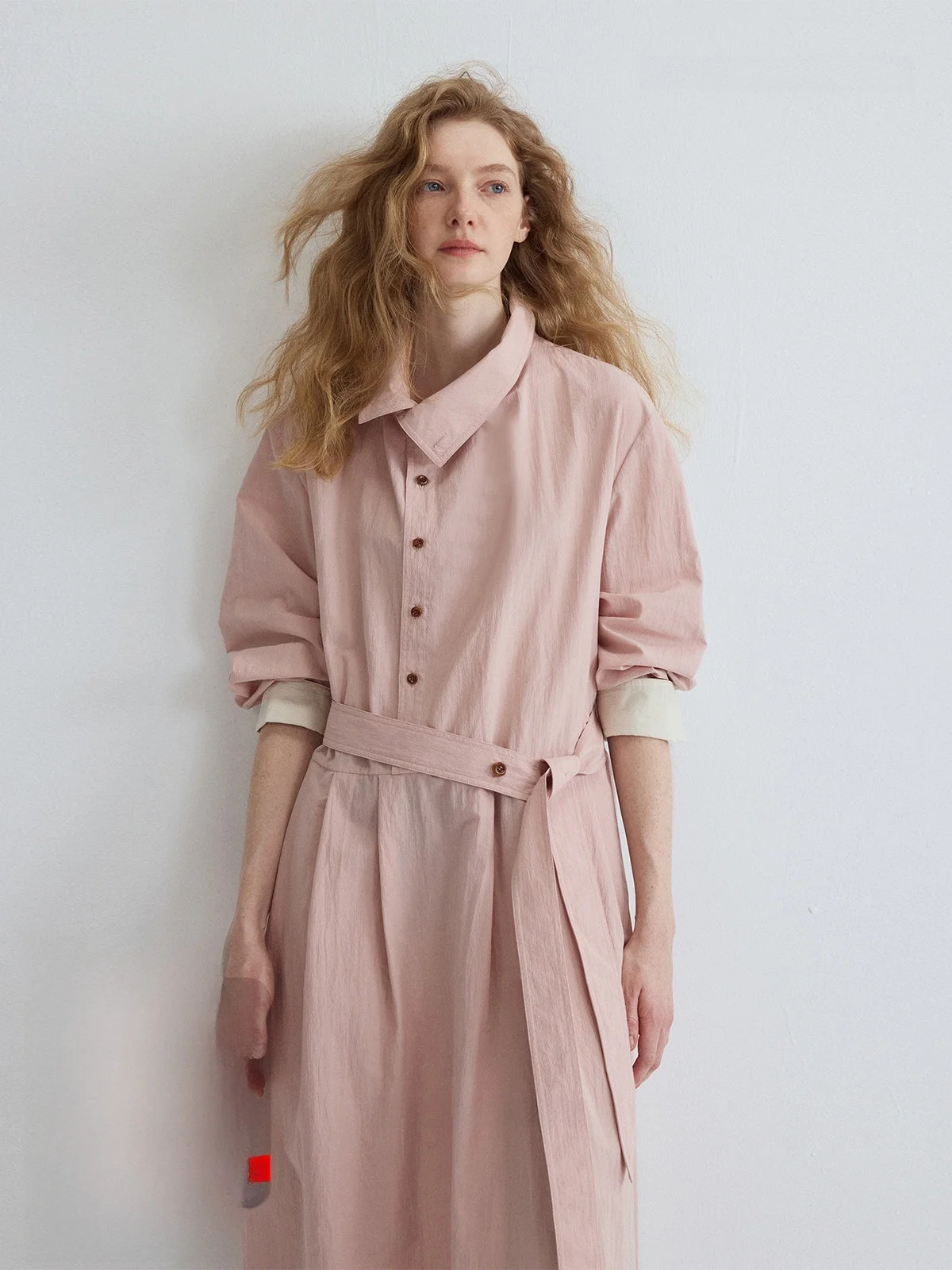 

Artistic Loose Fit irt Dr with Texture Wrinkle Effect Asymmetrical Stand Collar Long Sve Cotton Casual Spring Dr f...