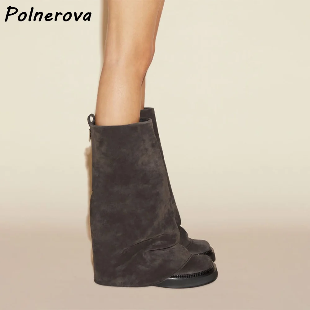 

Сапоги до колена с круглым носком и поворотными краями, однотонные сапоги без шнуровки на толстой подошве, женская модная теплая зимняя обувь для отдыха