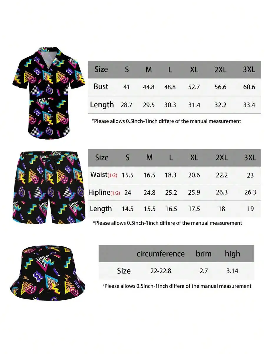 

Mens Retro 80s 90s Hawaiian Shirt Short And Bucket Hat Set Casual Summer Beach Vacation Outfit
