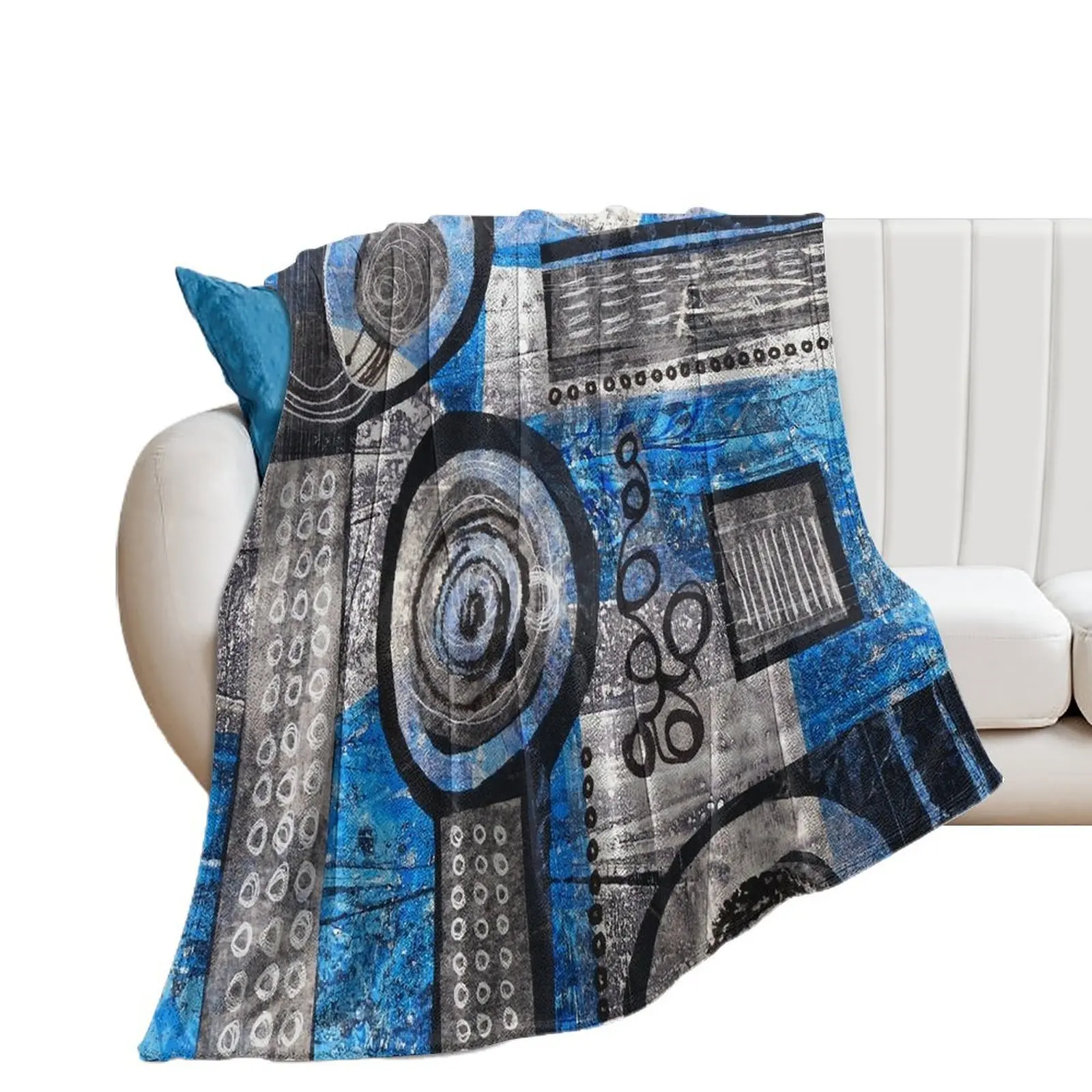 Blue Abstract Gelli Print with Added Collage Throw Blanket Thins Retros Bed linens Large Blankets