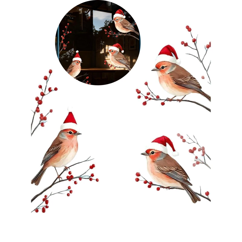 Three Birds In Santa Hats Window Stickers Christmas Theme Red Berry Branches Decoration Wall Stickers Glass Decal Poster