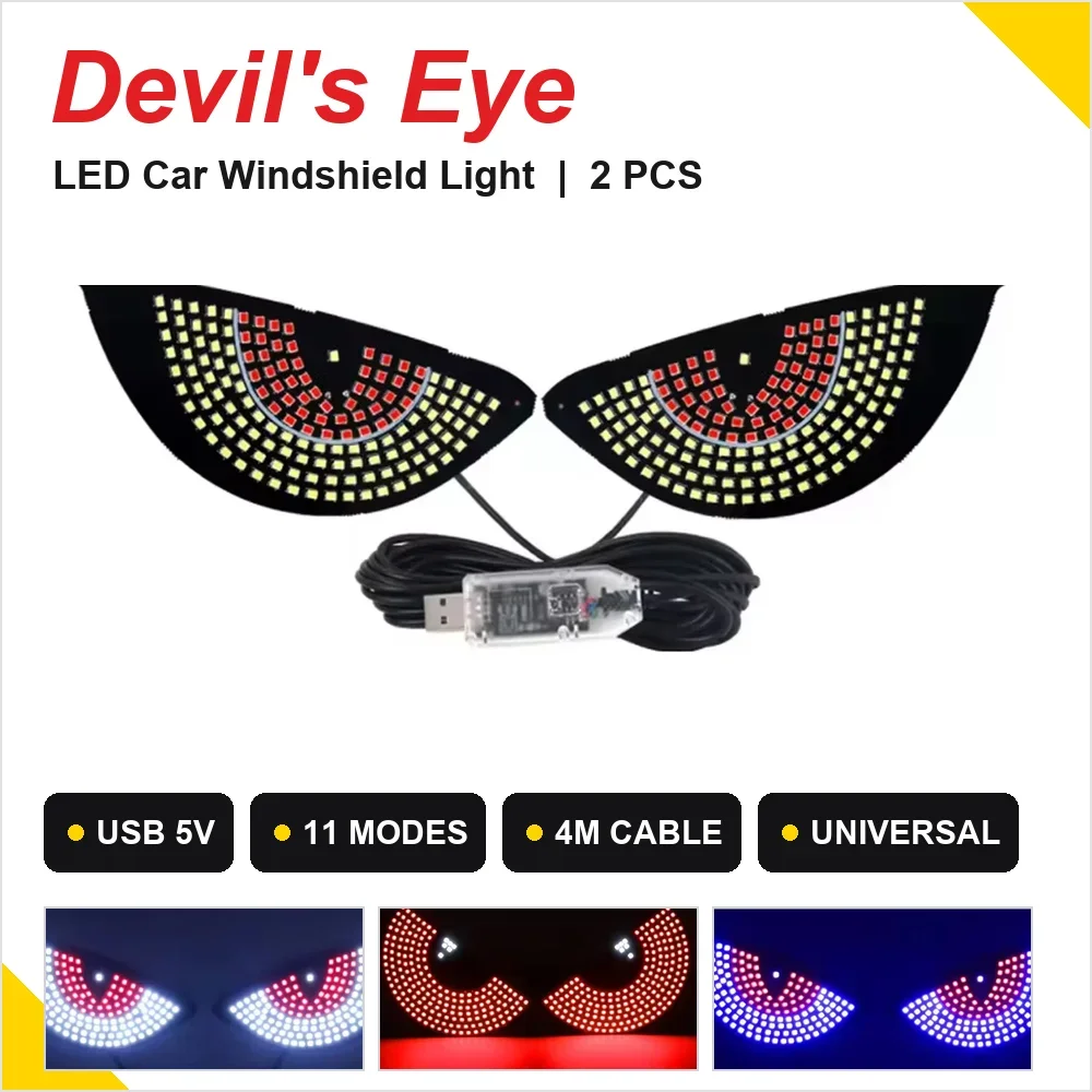 2PCS Devil's Eye RGB LED Windshield Light USB 5V Multi Mode Car Truck Decor Atmosphere Light For BMW VW Honda Toyota Ford Audi