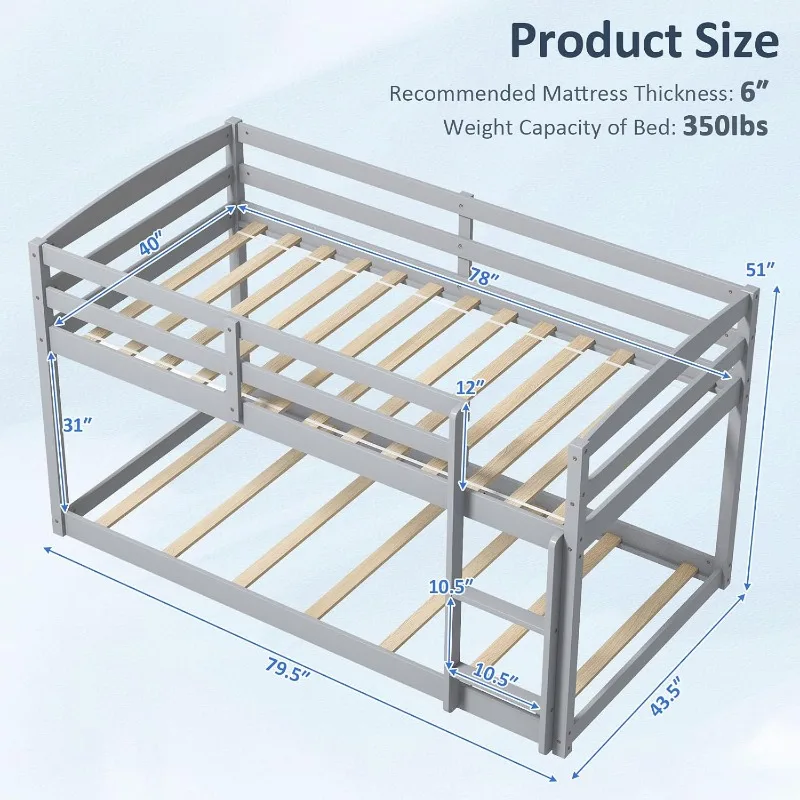 KOMFOTT Solid Wood Bunk Bed Frame with Built-in Ladder & Safety Guardrails, Space-Saving Low Bunk Bed