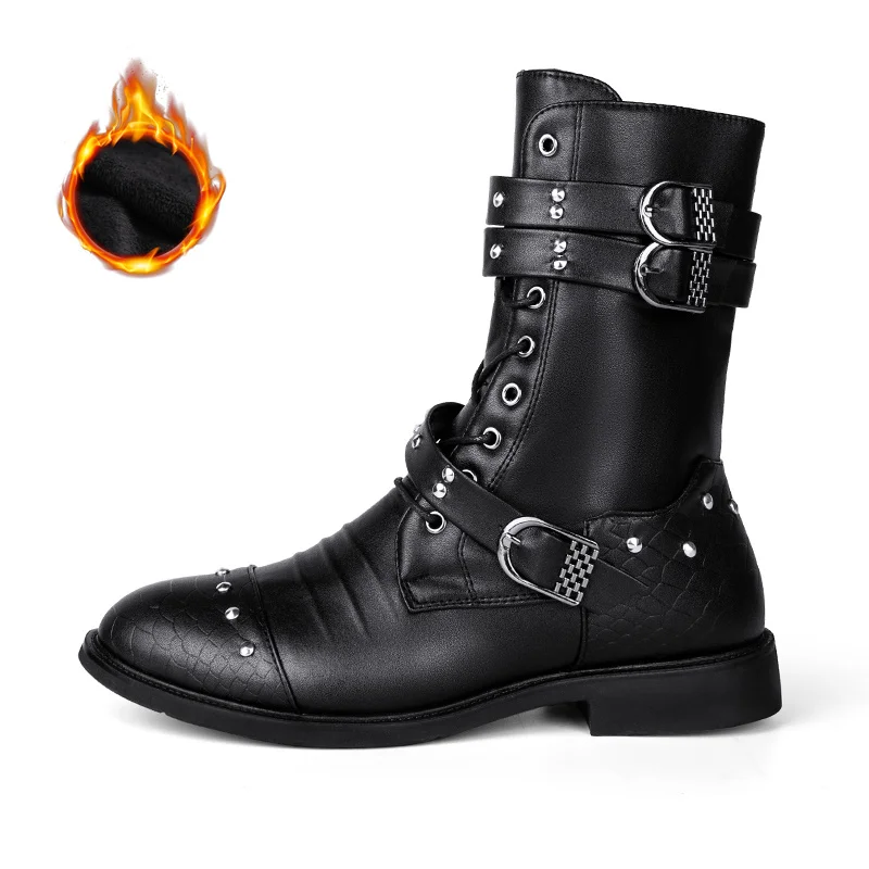 New Trend Rivet Black Pointed Motorcycle Boots Man Comfortable Leather High Boots Men Warm Plushed Winter Shoes Botas de hombre