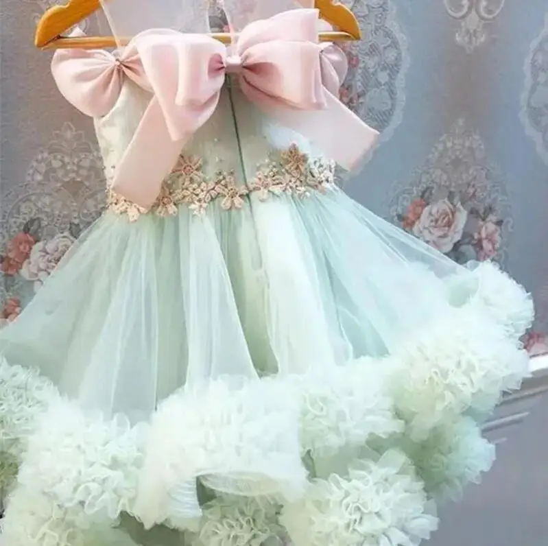 Flower Girl Dresses For Wedding Light Green Pleated Puffy Sleeveless with Bow Kids First Communion Birthday Party Ball Gowns