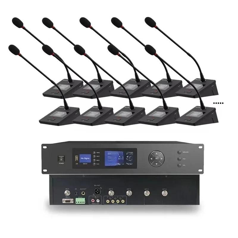 Wireless UHF wireless conference system for conference rooms with microphones and mainframes