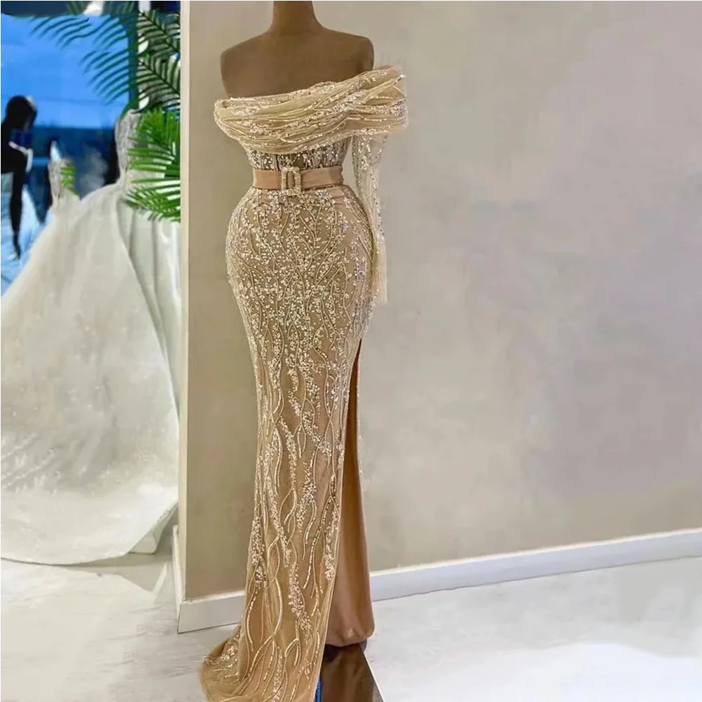 

Champagne Side Slit Evening Dresses One Shoulder Hand Made Crystals Beading Wedding Party Prom Dress With Belt robes de soirée