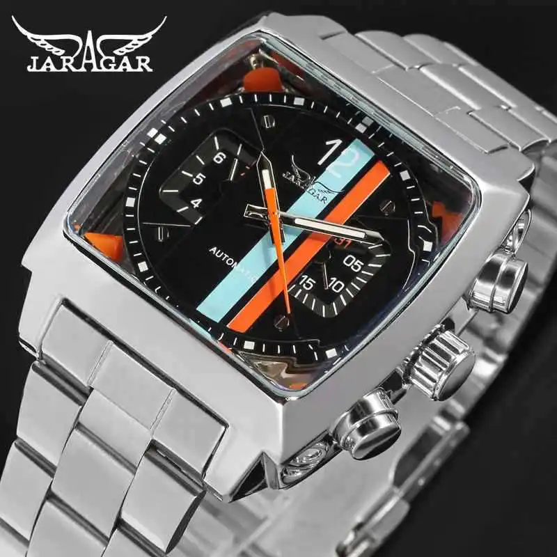 

JARAGAR 569 Clock Mechanism Men Automatic Mechanical Watch Retro Square Date Week Waterproof Steel Strap Leisure Wristwatch