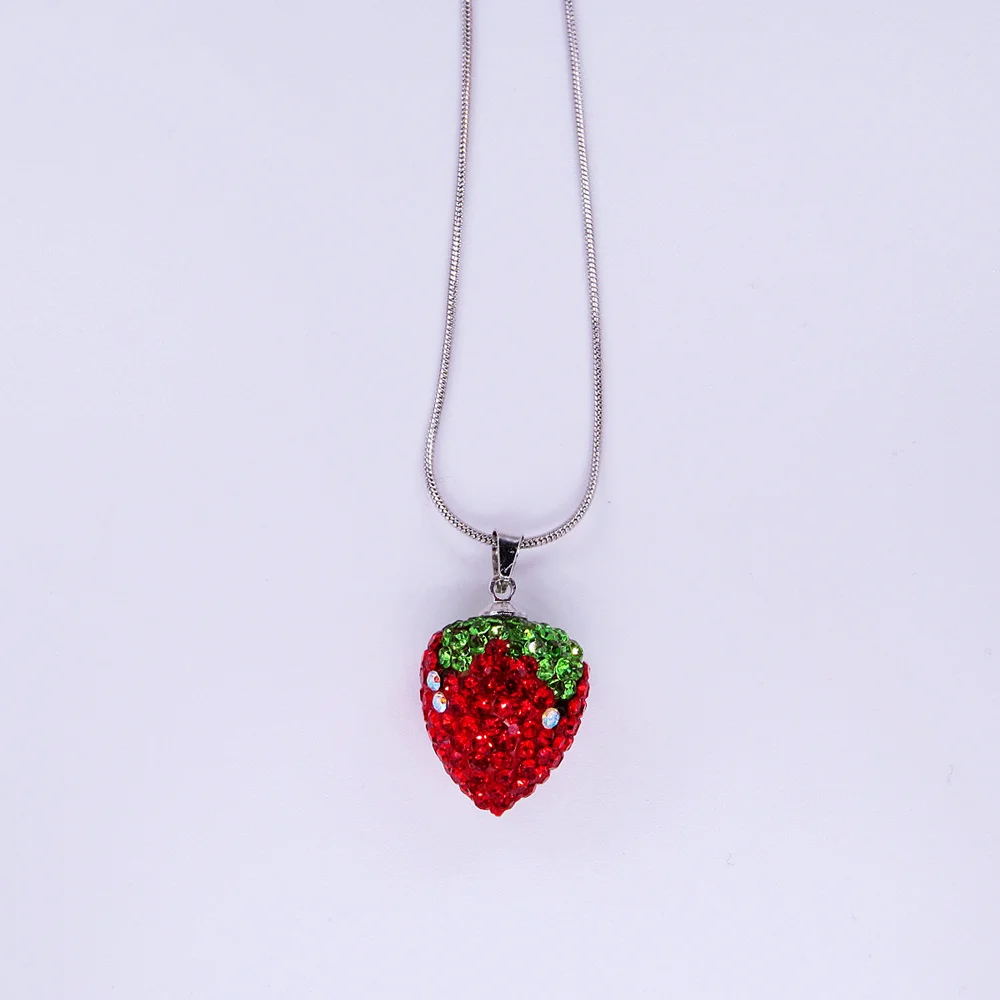 Women Spring Summer Lovely 16*18MM Pink&Red Color High Quality Rhinestone Strawberry Charm Pendant Chain Necklace Gift For Girl