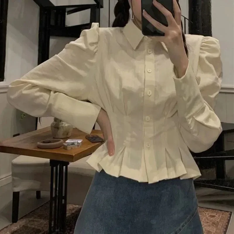 Lucyever Korean Fashion Puff Sleeve Shirts Women Solid Preppy Style Sweet Simple Blusas Female Jk All-Match Popular Blouses 2023