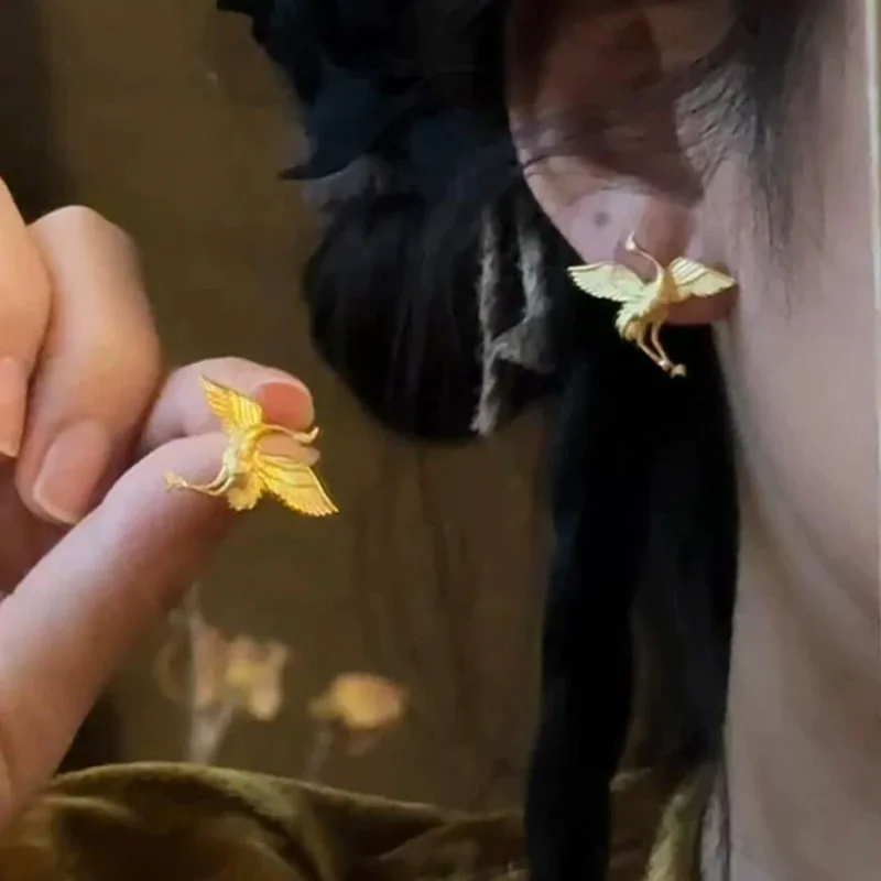 9999 gold ancient-style phoenix stud earrings, retro court style round face earrings, Hanfu accessories, ear studs for wholesale
