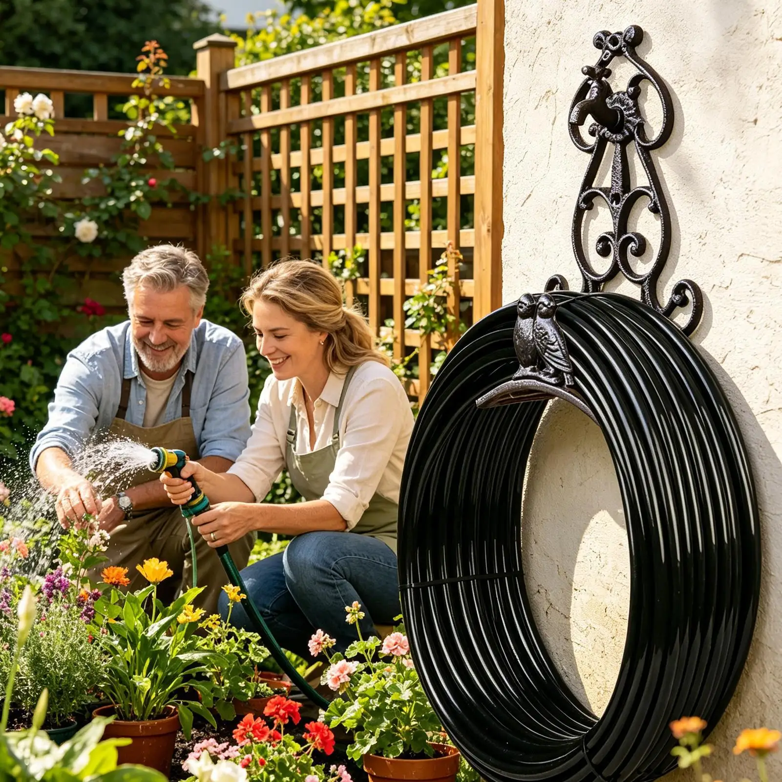 Water Hose Holder Iron Bird Design Vintage Decor Rack Wall Mount Hose Hanger for Indoor Courtyard Garden Patio Deck Fence House