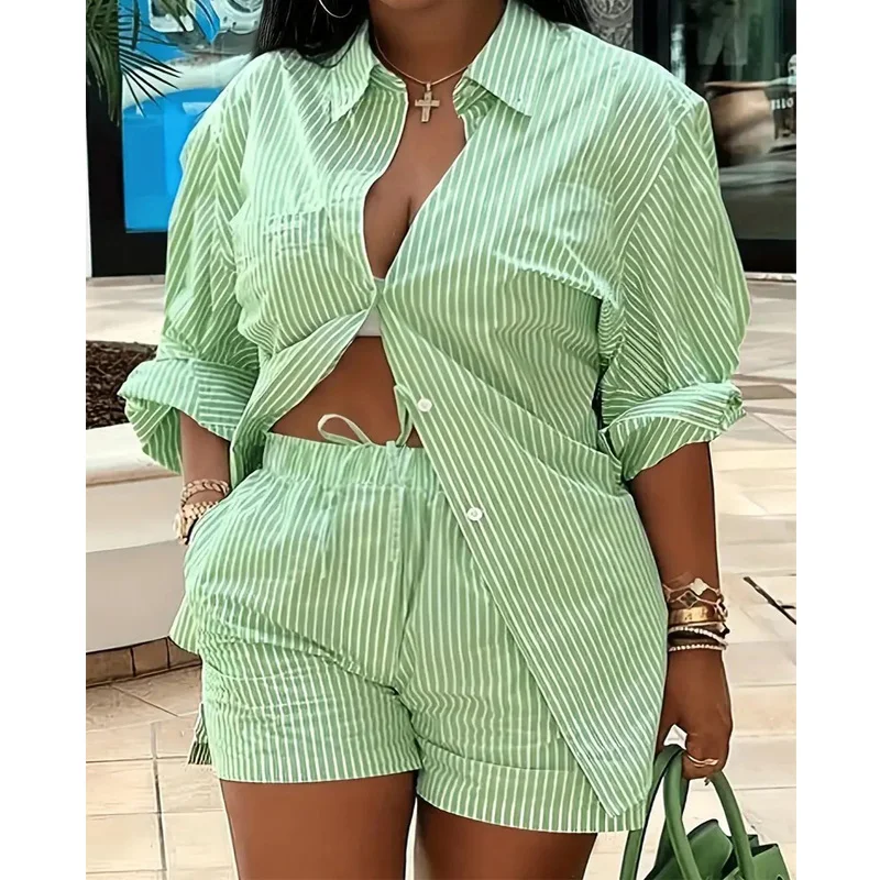 Ensemble deux pièces imprimé à rayures colorées pour femmes, tenue d\'été décontractée, chemise boutonnée à manches longues, short, mode