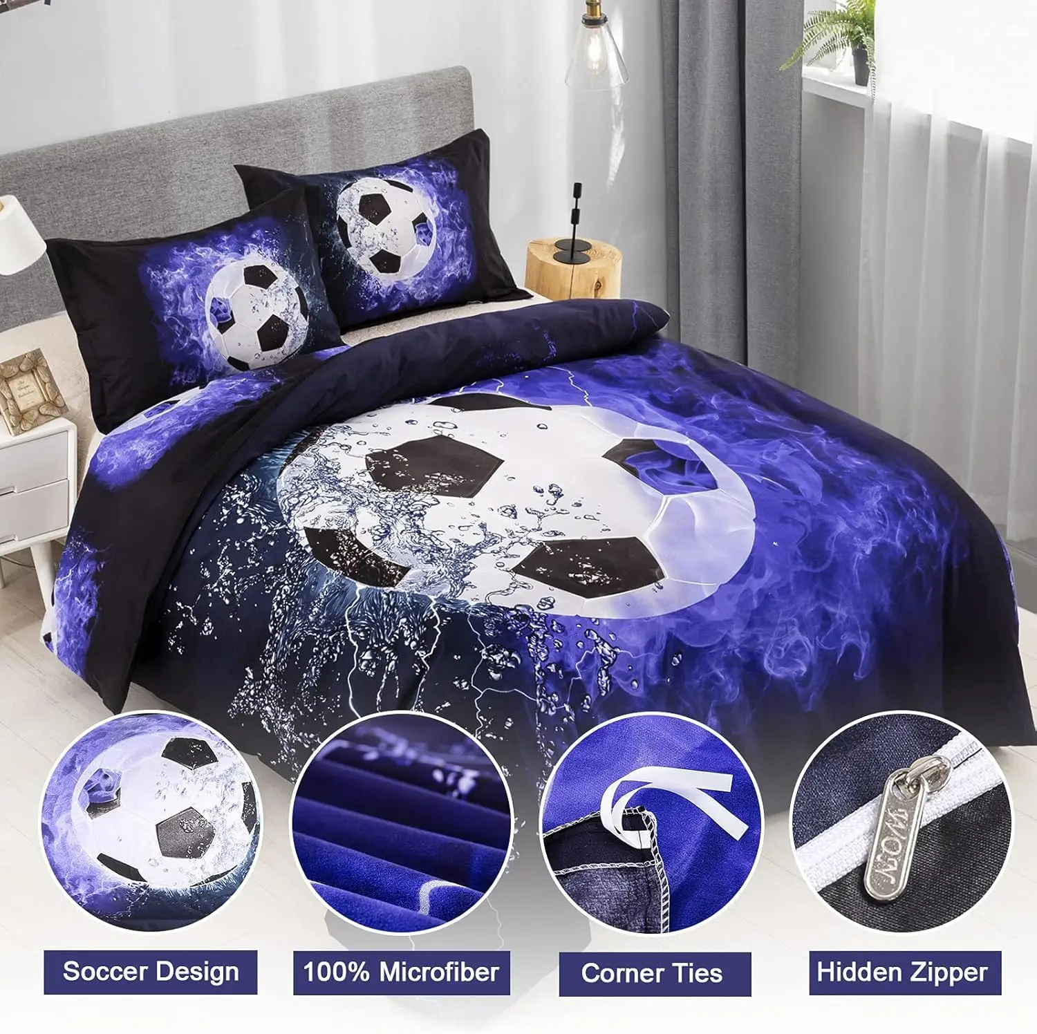 Blue Flame football duvet Set Printed football quilt Set with 2 pillowcases Fire Ice bedding set with zipper closure Large size