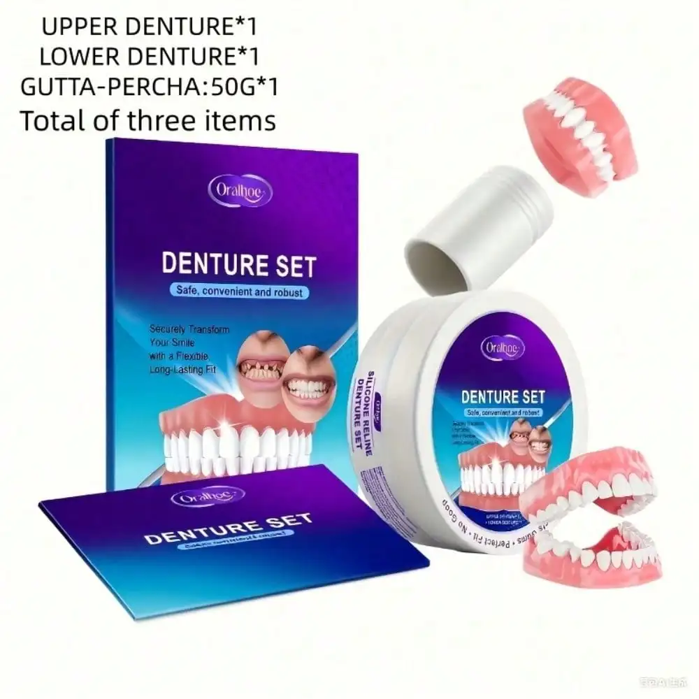 Adjustable Upper and Lower Denture Set - Realistic Natural Teeth, Transparent Tooth Arch Design - Easy-to-Install Full Mouth Replacement Dentures - Comfortable and Durable Plastic Dentures with Natural Gum-Shaped Base - Suitable for All Jaw Types