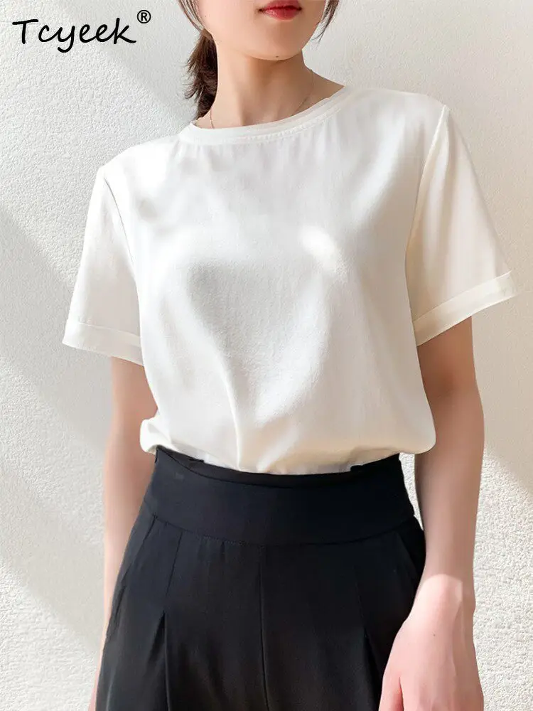 

Женская футболка Tcyeek из 92% шелка тутового шелкопряда, летняя одежда, элегантные женские футболки с коротким рукавом, однотонные топы, блузка женская