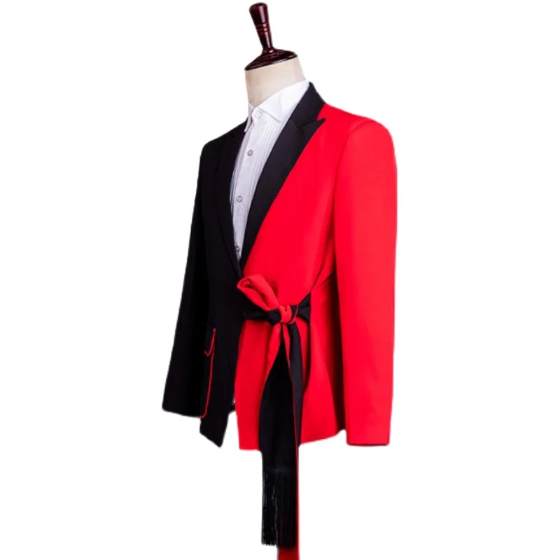 Red and black contrasting color matching Blazer male suit slim stage show singer performance tassel belt style wedding suits men