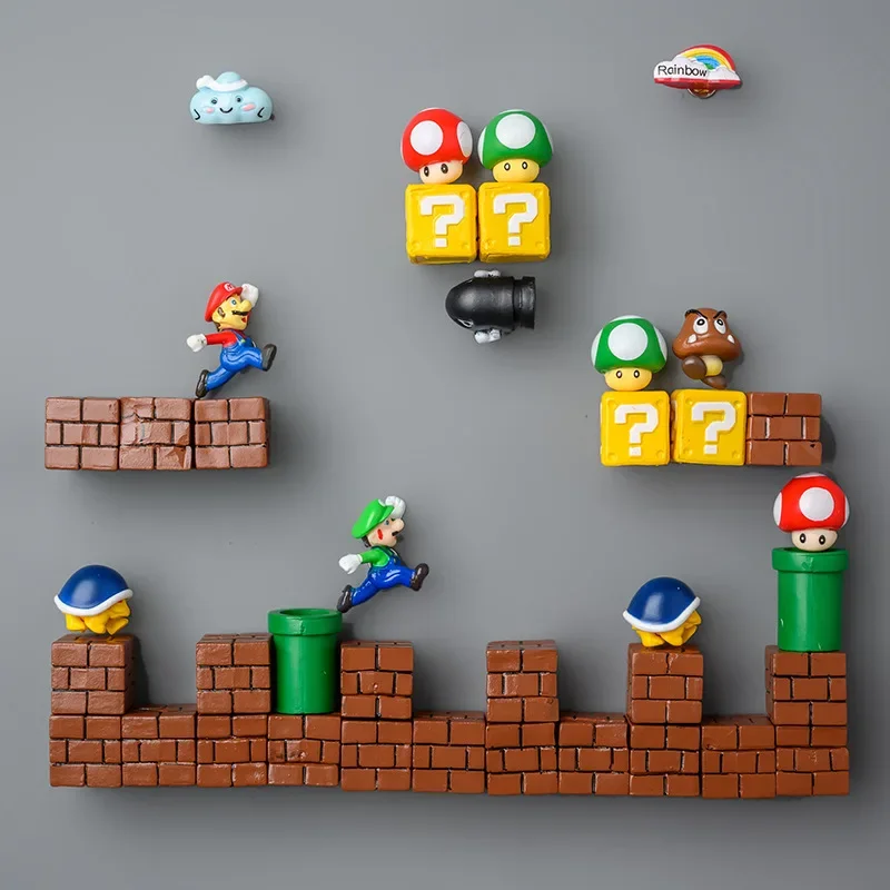 Super Mario Set stiker kulkas mainan kartun Mario, tokoh tiga dimensi pintu kulkas Magnet Dekorasi hadiah mainan anak