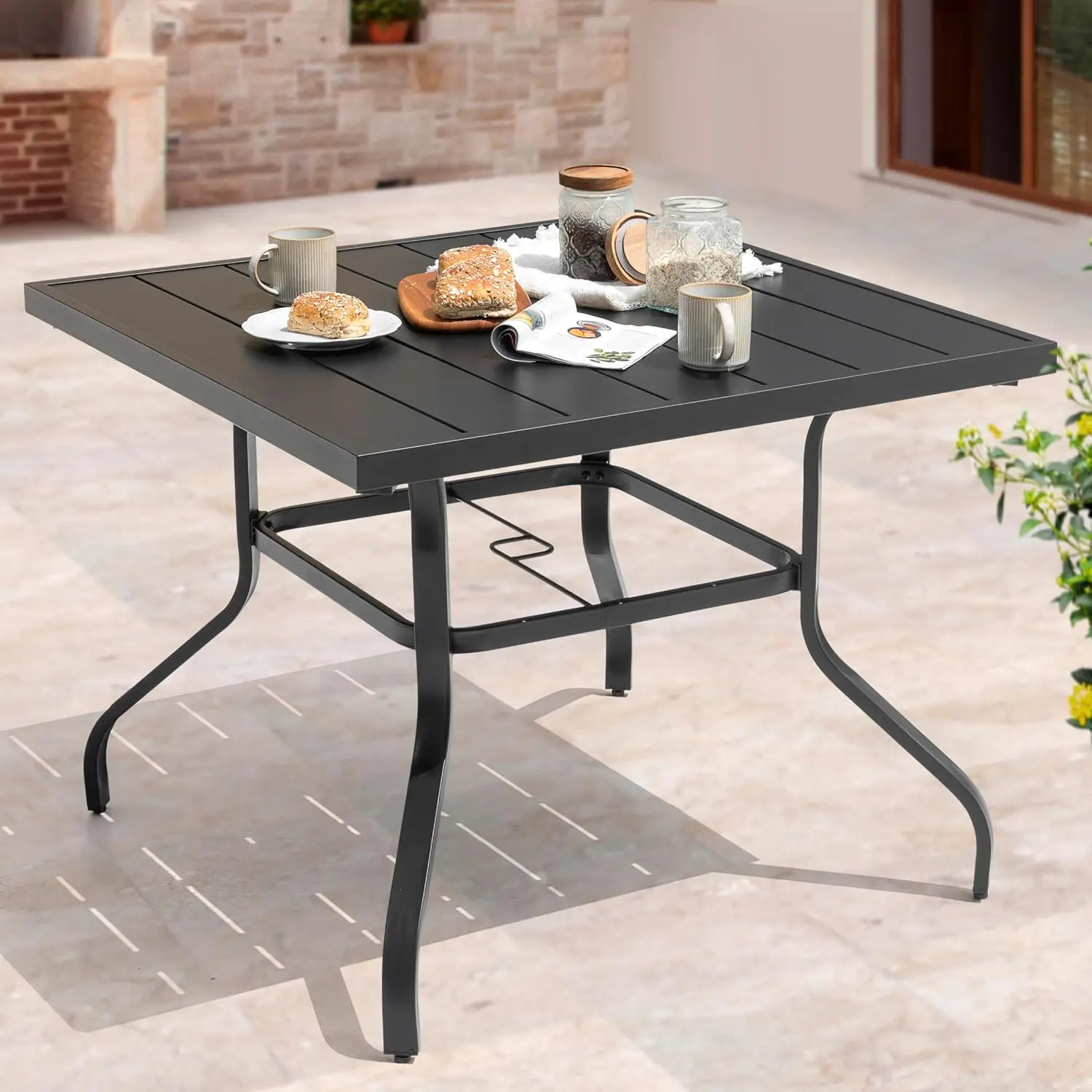 37 Inch Outdoor Patio Table 4 Person Steel Slat Square Dining Table 1.57 Inch Umbrella Hole Slatted Top Powder Coated Iron Frame