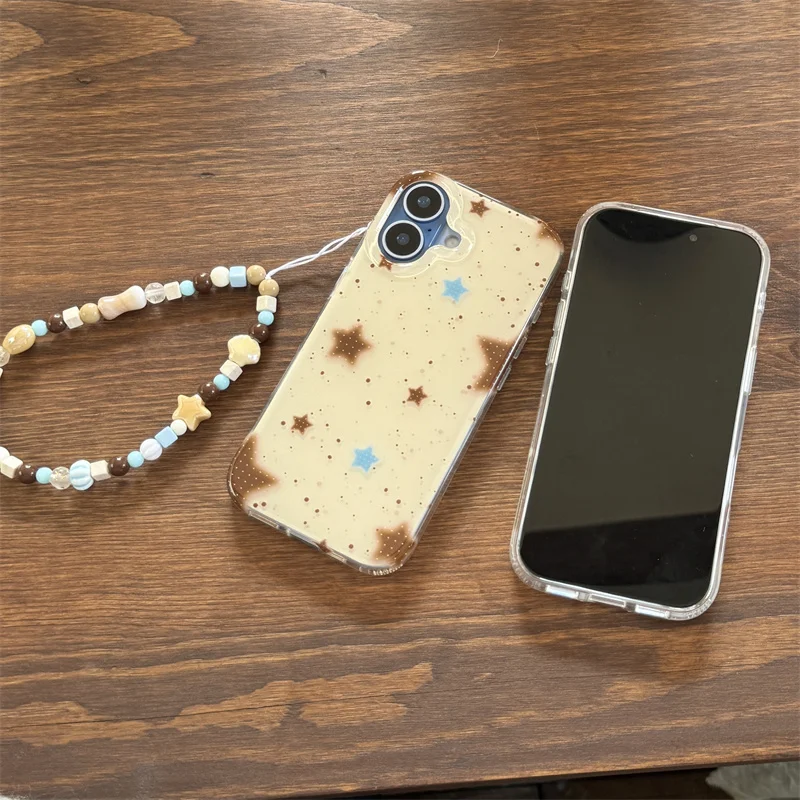 حافظة هاتف كورية لطيفة على شكل نجمة لهاتف آيفون 17 برو 16 15 14 برو ماكس مع سلسلة حافظة كاواي مقاومة للصدمات لهاتف أبل 17 برو ماكس كابا