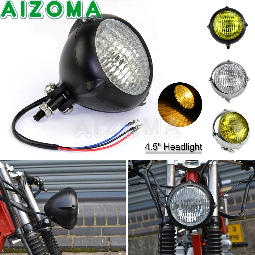 

Мотоциклетная фара в стиле Bates H4, лампа накаливания 4,5 дюйма, винтажный круглый светильник для Harley Honda Yamaha BMW Cafe Racer Bobber Chopper