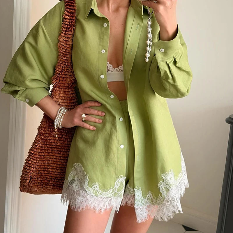 

1 Set Women Summer Fashion Lace Patchwork Shirts Shorts Casual Daily Outfit Female Lace Trim Casual Loose High Waist Shorts Set